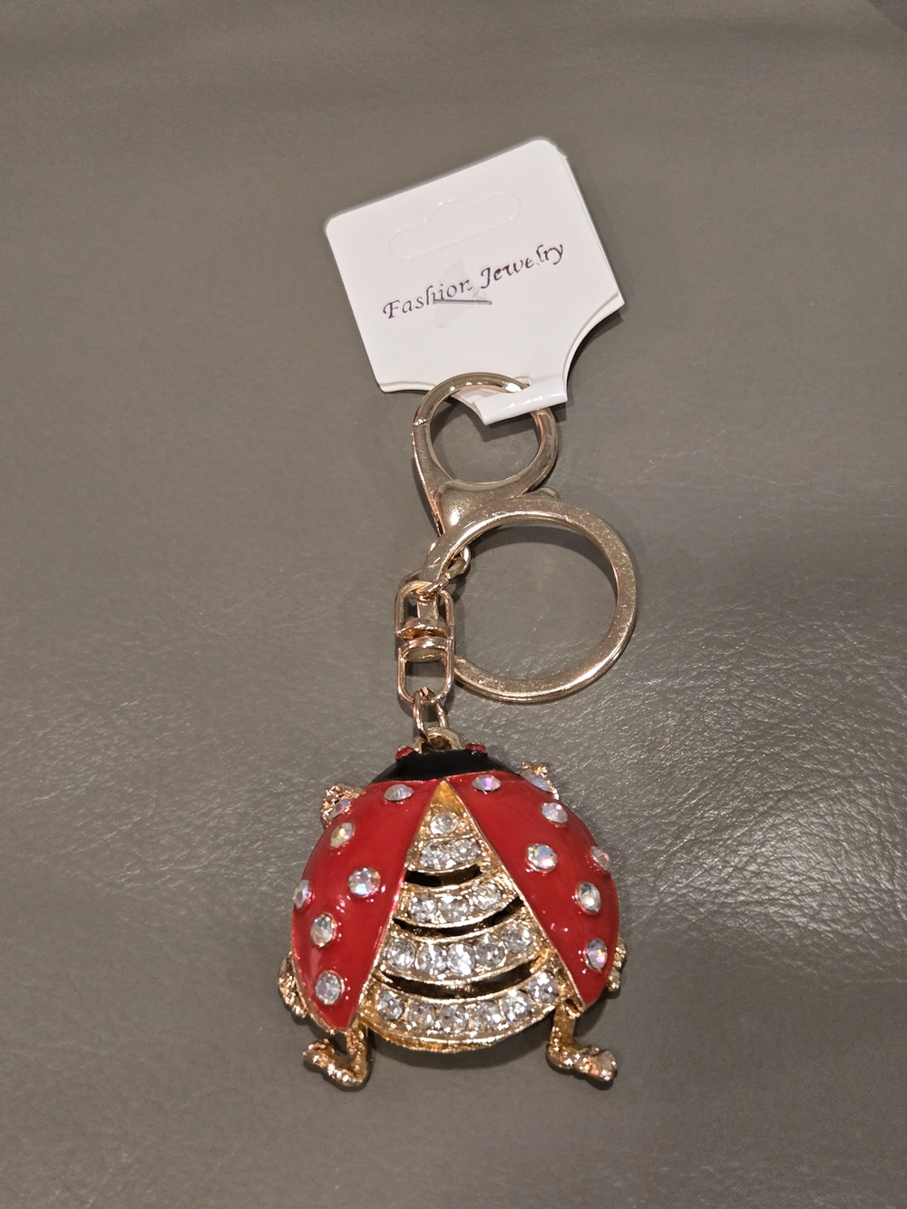 Ladybug Crystal Keychain Bag Charm - Red with Gold Accents